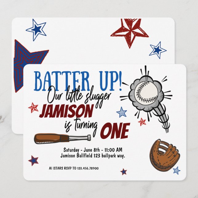 Invitación BATTER UP|Béisbol|Pequeño Deslumbrador|Cumpleaños (Anverso / Reverso)
