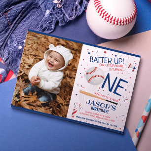 Invitación Batter Up Blue Rookie Baseball Photo 1er cumpleaño