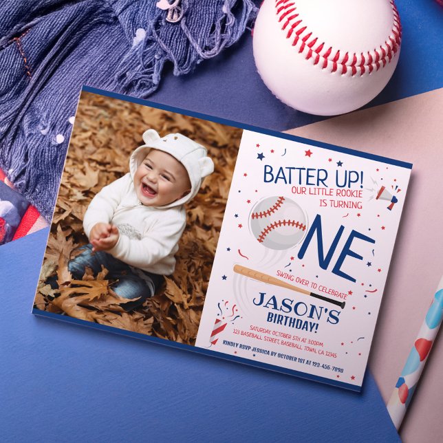 Invitación Batter Up Blue Rookie Baseball Photo 1er cumpleaño (Subido por el creador)