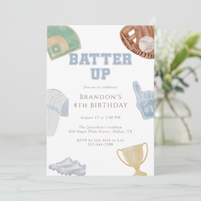 Invitación Batter up Preppy Blue Baseball Bow 4th Birthday  (Anverso de pie)