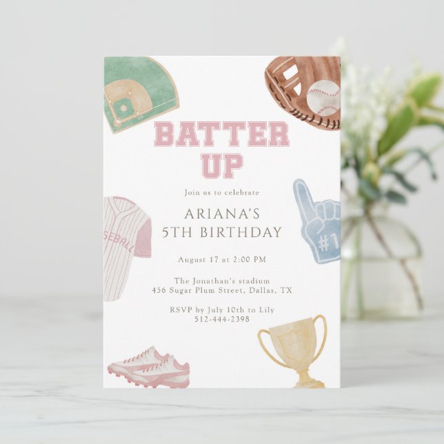 Invitación Batter up Preppy Pink Baseball Bow 5th Birthday  (Anverso de pie)