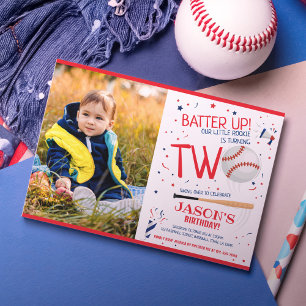 Invitación Batter Up Red Rookie Baseball Photo 2º cumpleaños