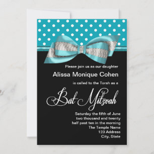 Invitación Batz Mitzvah de lunares azules y negros teal