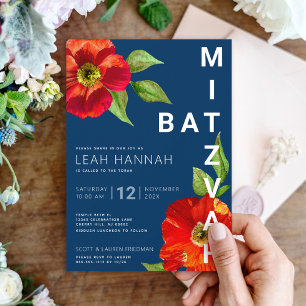 Invitación Batz Mitzvah Moderno Floral Rojo Acuarela Azul Mar