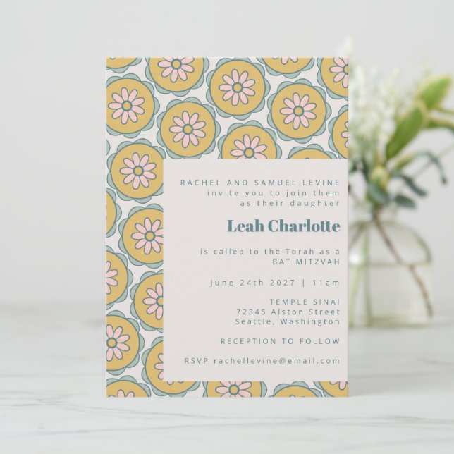 Invitación Batz Mitzvah Retro Boho Mandala Floral Pastel (Anverso de pie)