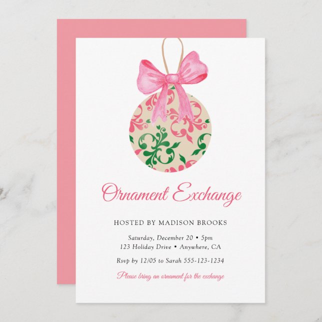 Invitación Bauble Pink Bow Ornament Exchange Christmas Party (Anverso / Reverso)