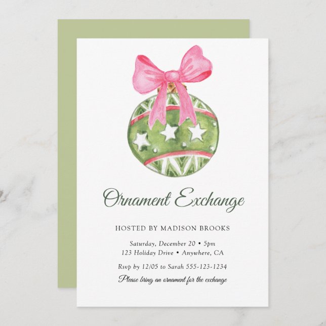Invitación Bauble Pink Bow Ornament Exchange Christmas Party (Anverso / Reverso)