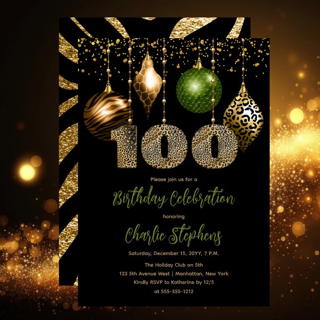 Invitación Baubles de piel de animal tropical 100 cumpleaños (Glamorous Tropical Animal Print Baubles 100th Birthday Party Invitation in Black, Gold & Olive Green)