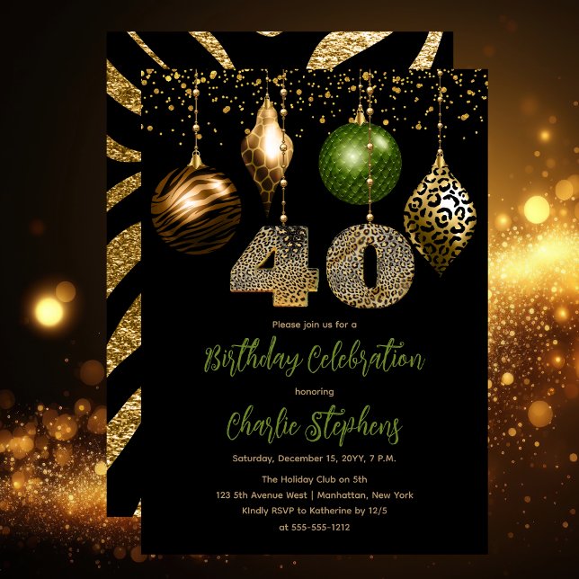 Invitación Baubles de piel de animal tropical 40 Fiesta de cu (Glamorous Tropical Animal Print Baubles 40th Birthday Party Invitation in Black, Gold & Olive Green)