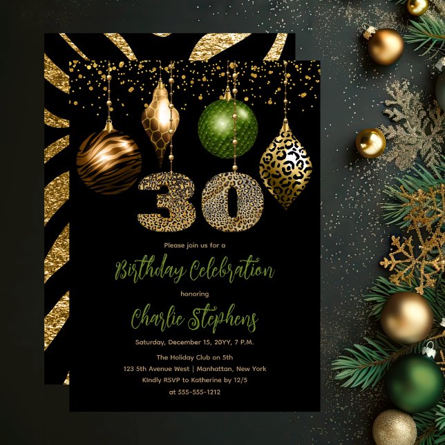 Invitación Baubles de piel de animal tropical Fiesta de cumpl (Glamorous Tropical Animal Print Baubles 30th Birthday Party Invitation in Black, Gold & Olive Green)