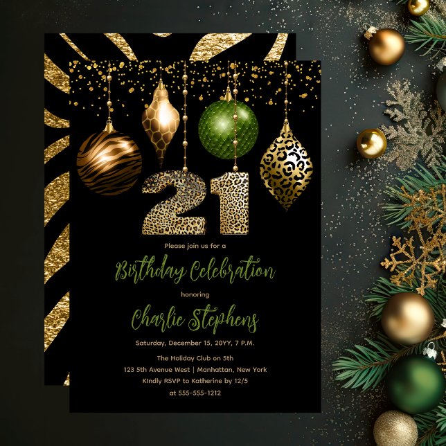 Invitación Baubles de piel de animal tropical Fiesta de cumpl (Glamorous Tropical Animal Print Baubles 21st Birthday Party Invitation in Black, Gold & Olive Green)