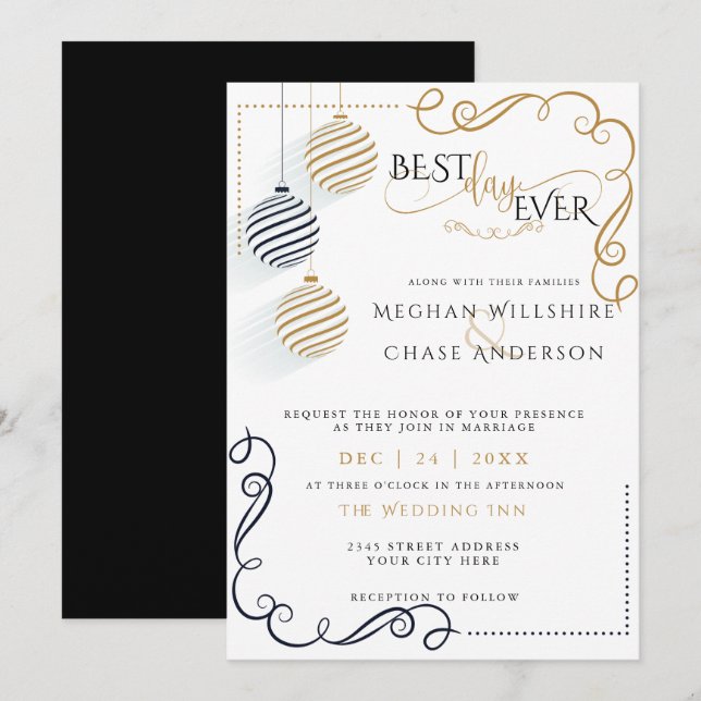 Invitación Baubles modernos de vacaciones minimalistas en neg (Anverso / Reverso)
