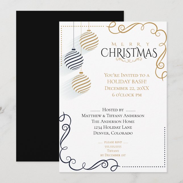 Invitación Baubles modernos de vacaciones minimalistas en neg (Anverso / Reverso)