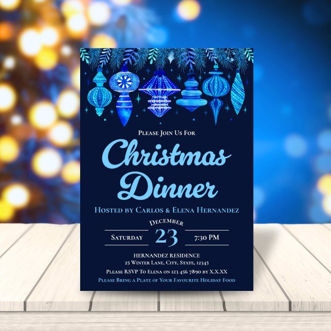 Invitación Baubles Navidades Cena Marina acuarela Azul (Baubles Christmas Dinner Watercolor Navy Blue Invitation)