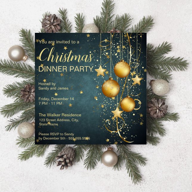 Invitación Baudibles de oro y estrellas Navidades verdes verd (Gold baubles and stars dark teal green Christmas Invitation starry night christmas party invitation )