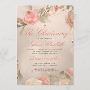Invitación Baudizo Floral de Crema de Melocotón Dorado de Luj