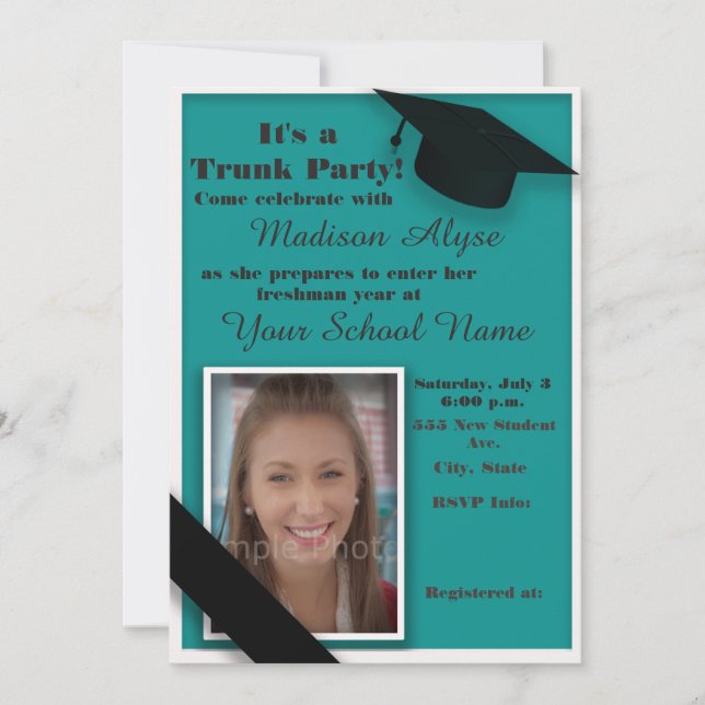 Invitación Baúl de teal y blanco para foto de fiesta universi (Anverso)