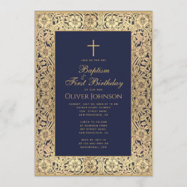 Invitación Bautismo 1er Cumpleaños Floral Dorado Azul Marino 