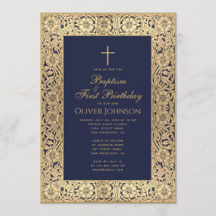 Invitación Bautismo 1er Cumpleaños Floral Dorado Azul Marino