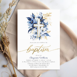 Invitación Bautismo acuarela azul y oro de la marina
