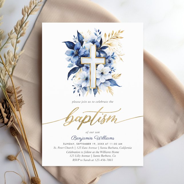 Invitación Bautismo acuarela azul y oro de la marina (Subido por el creador)