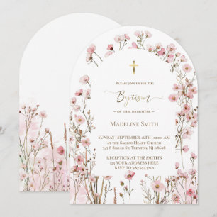 Invitación Bautismo acuarela flores rosadas rubor