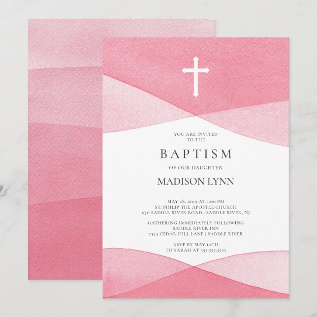 Invitación Bautismo acuarela rosa (Anverso / Reverso)