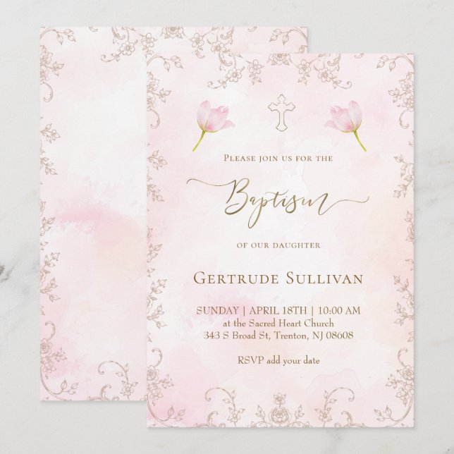 Invitación bautismo acuarela rosa (Anverso / Reverso)