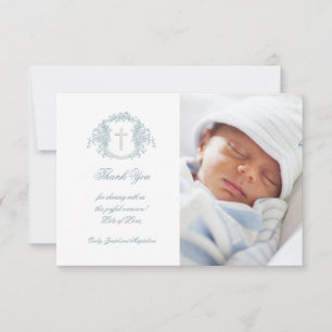 Invitación Bautismo agradecimiento cresta floral azul