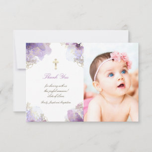 Invitación Bautismo agradecimiento flores acuarela púrpura