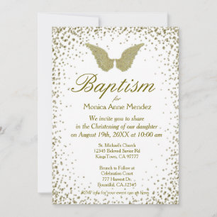 Invitación Bautismo   Alas Ángel y Confetti de oro