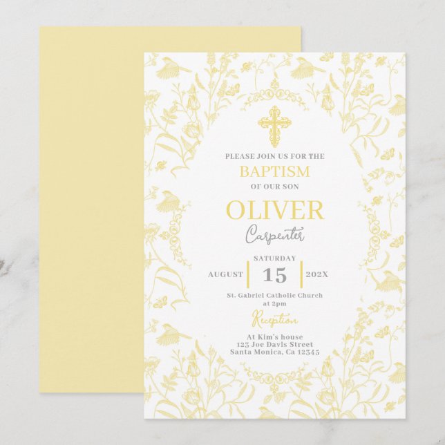 Invitación Bautismo amarillo toile (Anverso / Reverso)