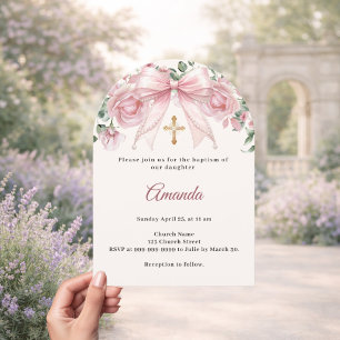 Invitación Bautismo Arco Cruz Niña Florales Marfil Rosa