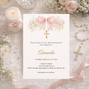 Invitación Bautismo Arco Rubor Rosado Florales Marfil Niña Cr