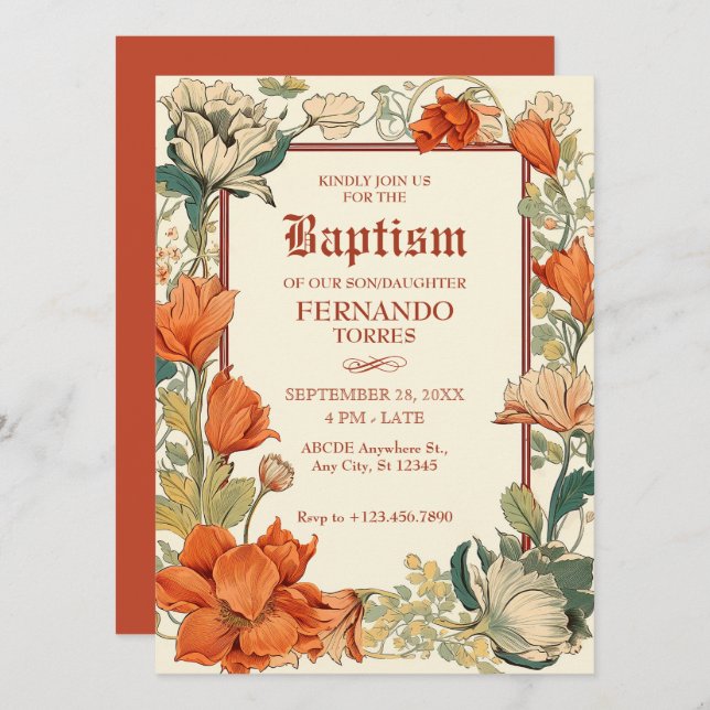 Invitación Bautismo artístico floral (Anverso / Reverso)
