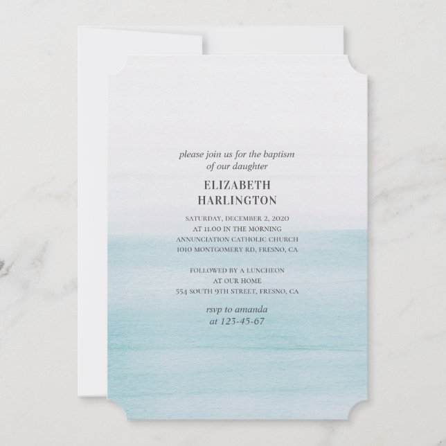 Invitación Bautismo azul acuarela. Náutica moderna y sencilla (Anverso)