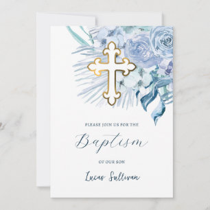 Invitación Bautismo azul Boho Pastel