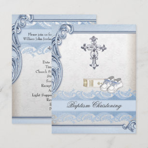 Invitación Bautismo Azul Cruz Blanca Niño Damasco bautizo