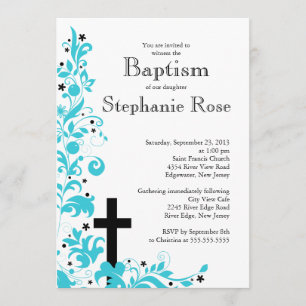 Invitación Bautismo azul cruzado moderno de la flor,