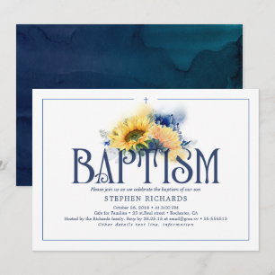 Invitación Bautismo azul de la armada de girasoles amarillos