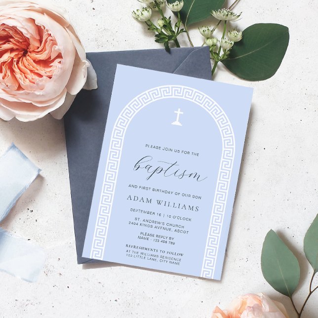 Invitación Bautismo azul del arco de la clave griega (Baptism Invitation Greek Key Blue White )