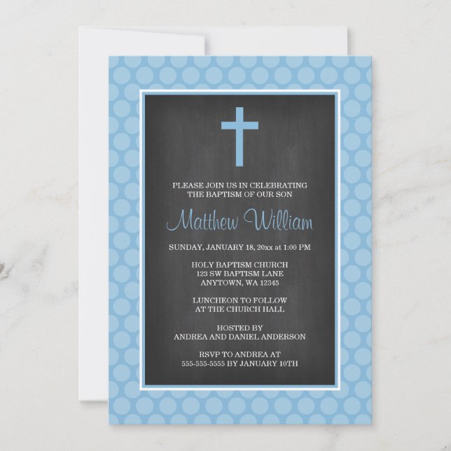 Invitación Bautismo azul del muchacho de la cruz del lunar de (Anverso)