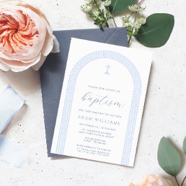 Invitación Bautismo azul en el arco de la clave griega