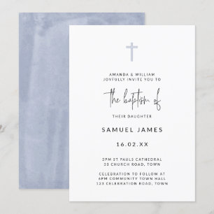 Invitación Bautismo azul minimalista moderno a la acuarela y 