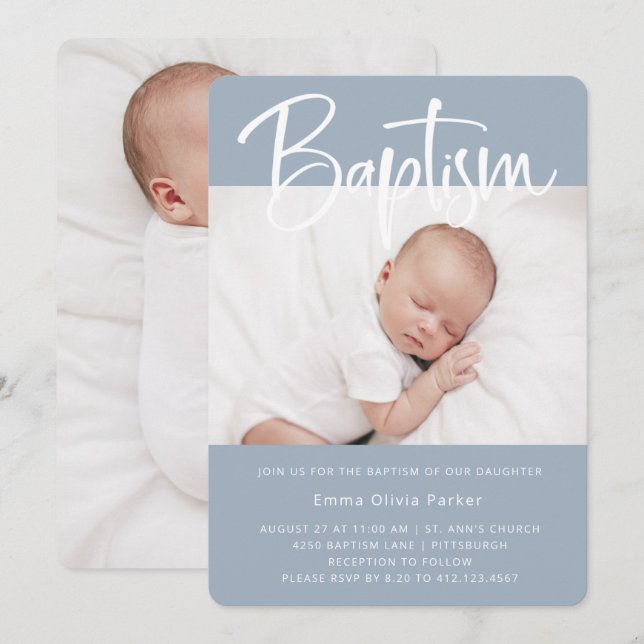 Invitación Bautismo| Azul mínimo simple con dos fotos (Anverso / Reverso)