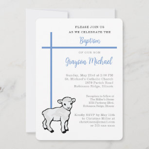 Invitación Bautismo Azul para el Corderito Cruz
