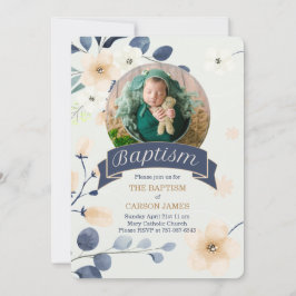 Invitación Bautismo azul para niños con flores amarillas