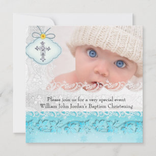 Invitación Bautismo Azul Teal Blanco Encaje Joyero Cruz Niño