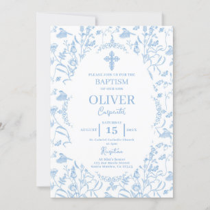Invitación Bautismo azul toile