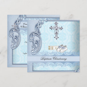 Invitación Bautismo Azul Turquesa Cruz Niño Damasco